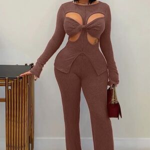 Elegant Cutout Ribbed Jumpsuit - Brown